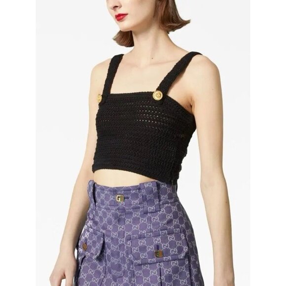 NWT GUCCI Crochet-Knit Sleeveless Crop Top Sz L Black 100% Authentic - Picture 3 of 10